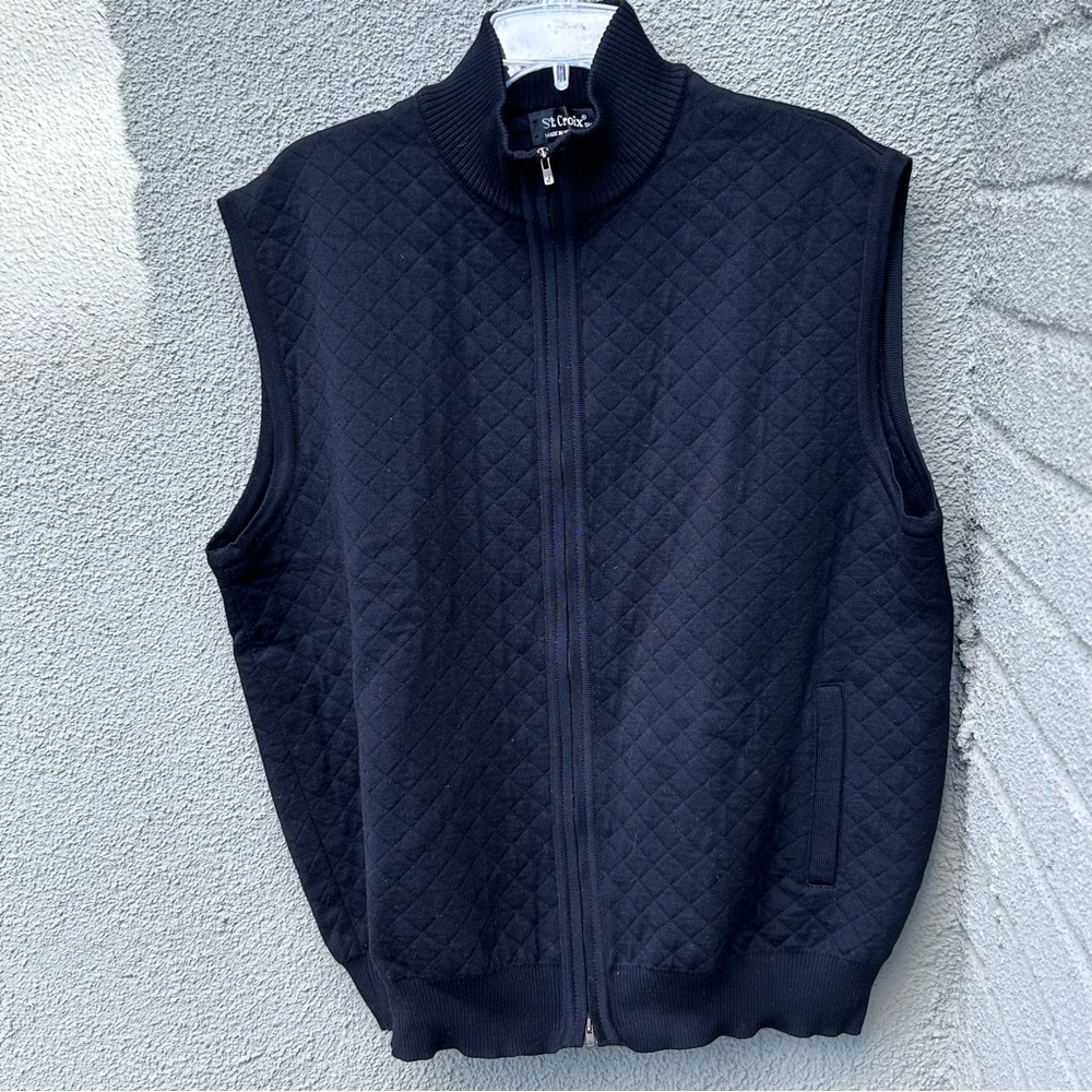 ST. CROIX Men's Full Zip Cardigan Quilted Black Sweater Vest Wool Blend Size XL
